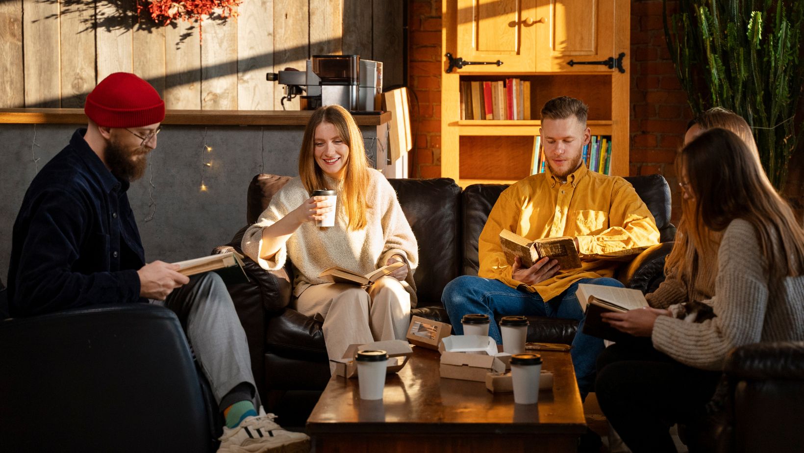 group of friends lounging in living room