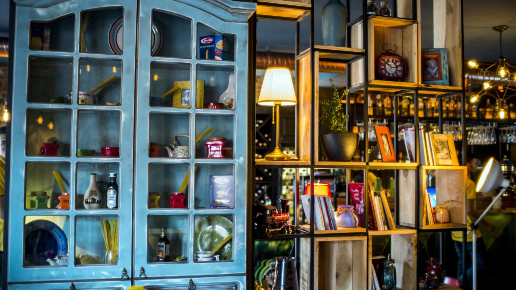 wooden shelves and cabinets displaying decor